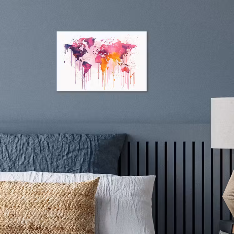 Wereldkaart - Roze - Druppels - Verf poster papier klein -sfeer2