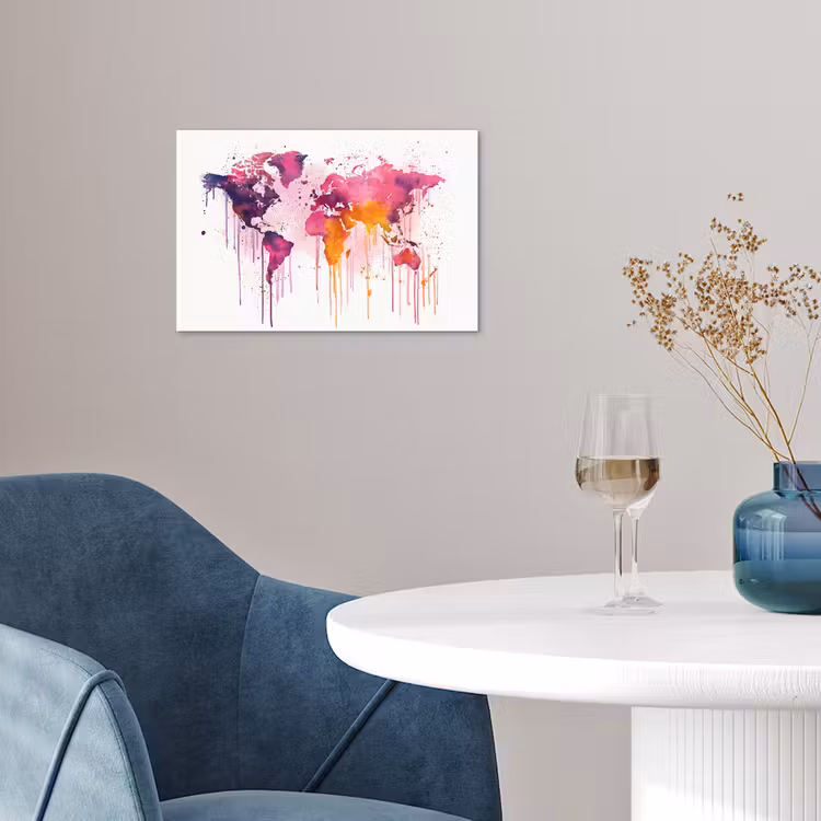 Wereldkaart - Roze - Druppels - Verf poster papier klein -sfeer3