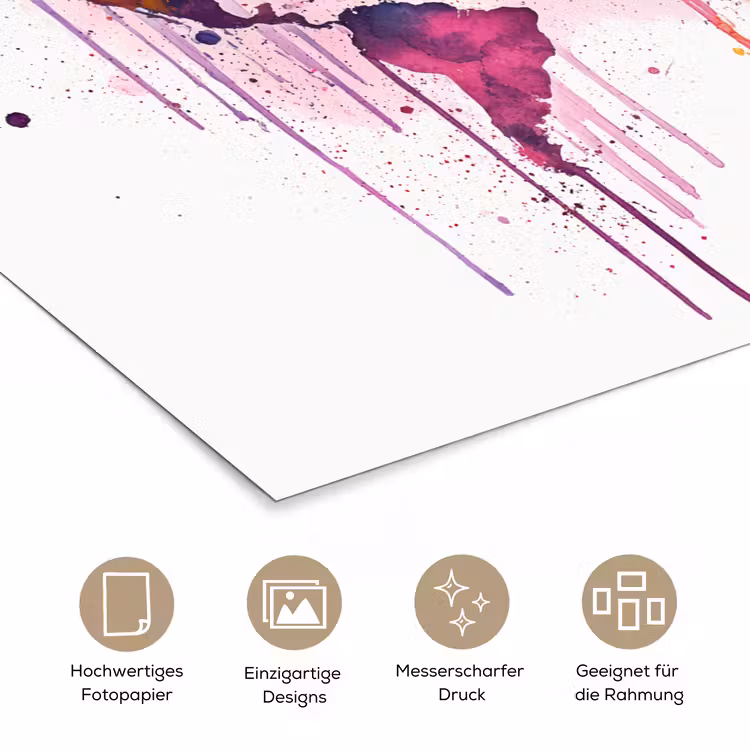 Wereldkaart - Roze - Druppels - Verf poster papier klein -tcloseup_DE