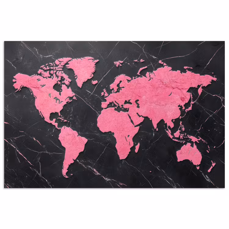 Wereldkaart - Roze - Marmer poster papier klein -3d