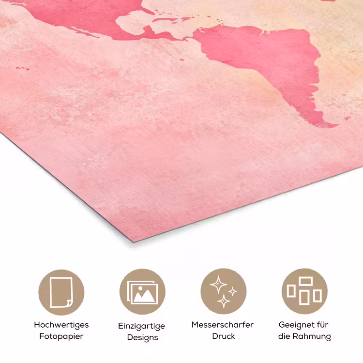 Wereldkaart - Roze - Vaag poster papier klein -tcloseup_DE
