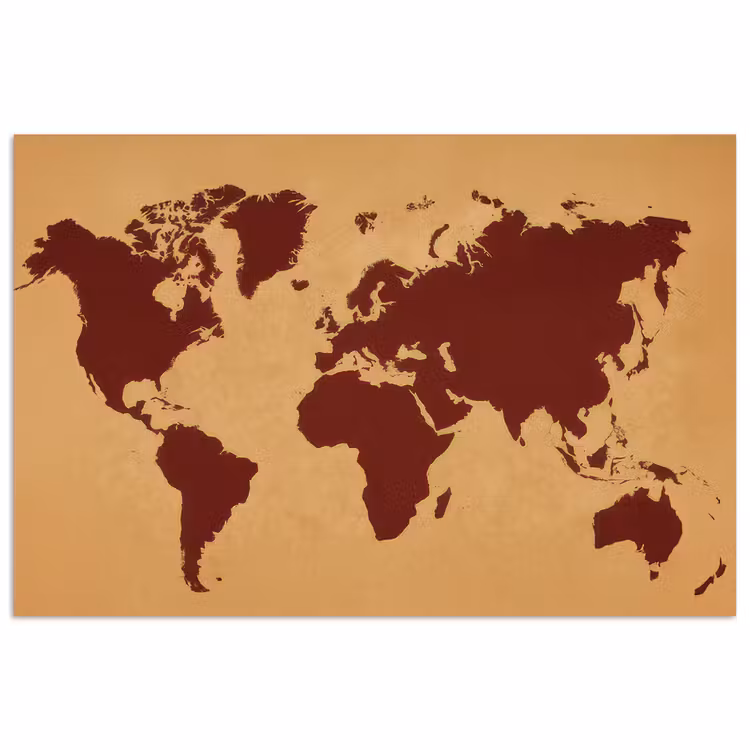 Wereldkaart - Roodbruin silhouet - Sterk kleurcontrast poster papier klein -3d