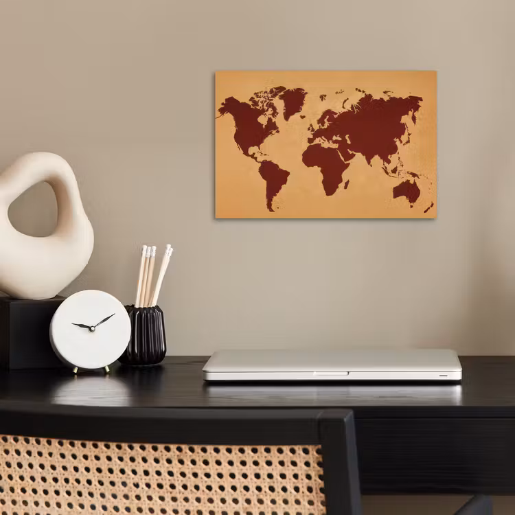 Wereldkaart - Roodbruin silhouet - Sterk kleurcontrast poster papier klein -sfeer1
