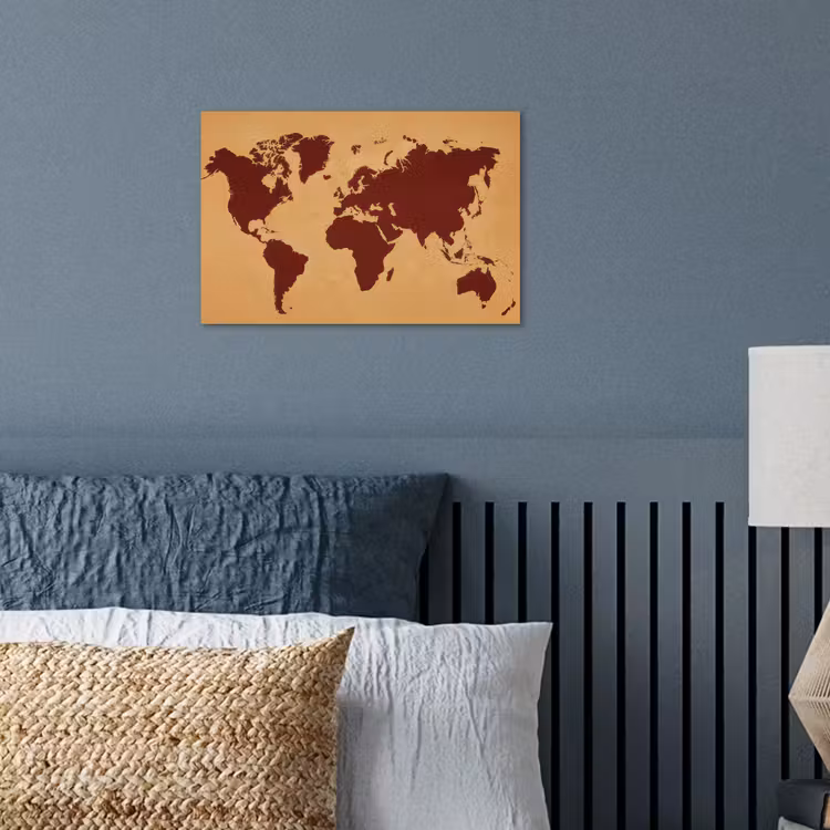 Wereldkaart - Roodbruin silhouet - Sterk kleurcontrast poster papier klein -sfeer2