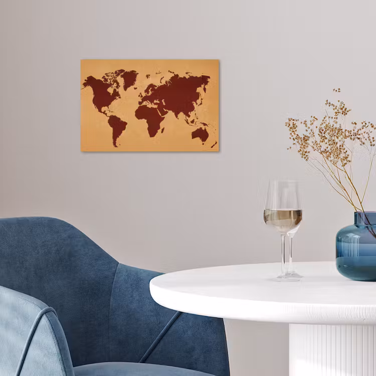 Wereldkaart - Roodbruin silhouet - Sterk kleurcontrast poster papier klein -sfeer3