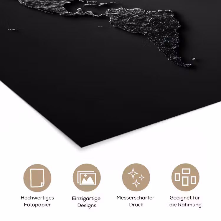 Wereldkaart - Zwart - Donker poster papier klein -tcloseup_DE