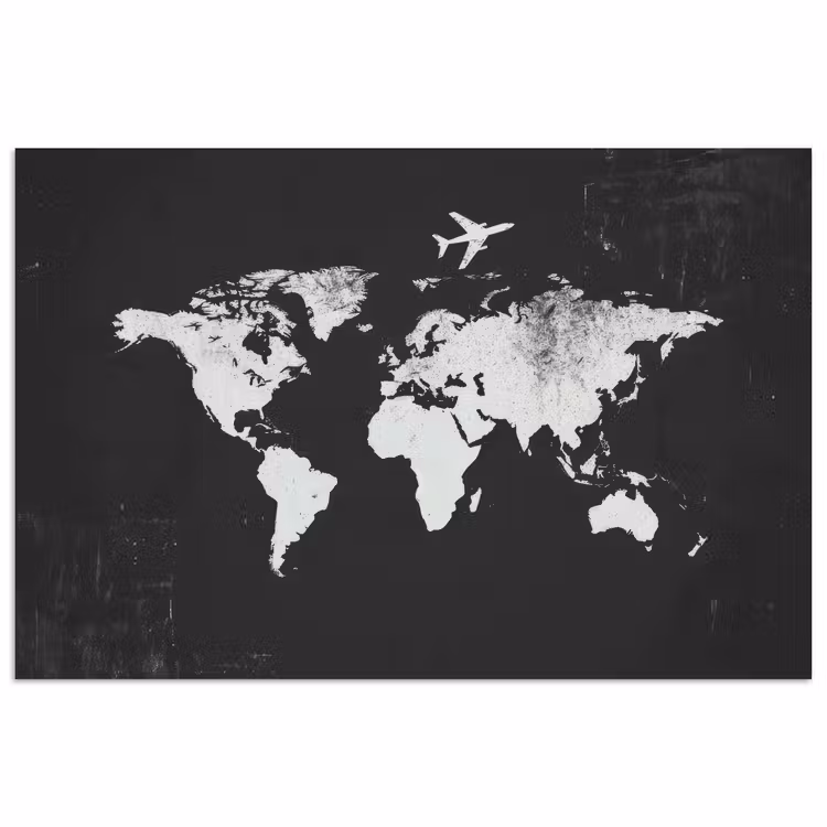 Wereldkaart - Zwart - Vliegtuig - Silhouet poster papier klein -3d