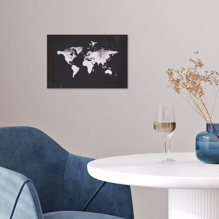 Wereldkaart - Zwart - Vliegtuig - Silhouet poster papier klein -sfeer3