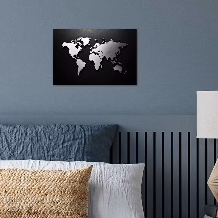 Wereldkaart - Zwart - Zilver - Metaal poster papier klein -sfeer2