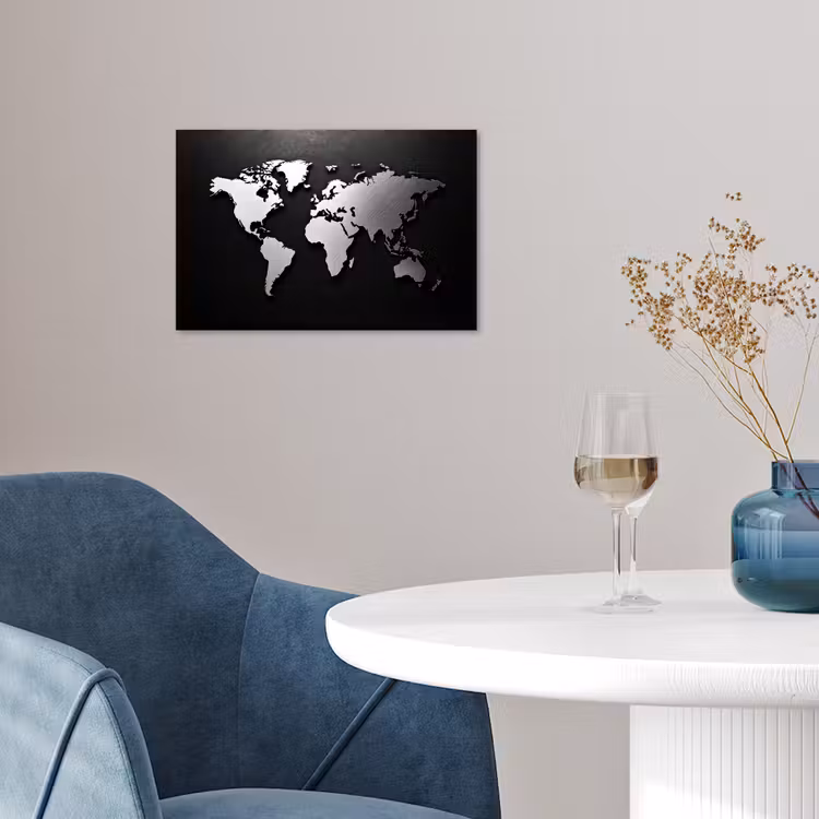 Wereldkaart - Zwart - Zilver - Metaal poster papier klein -sfeer3
