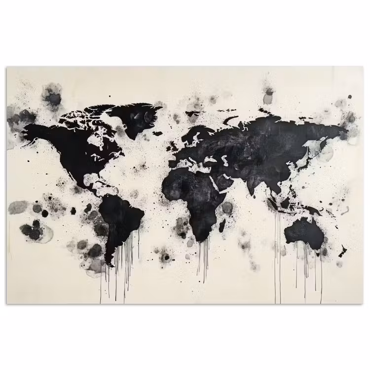 Wereldkaart - Zwart - Inkt poster papier klein -3d
