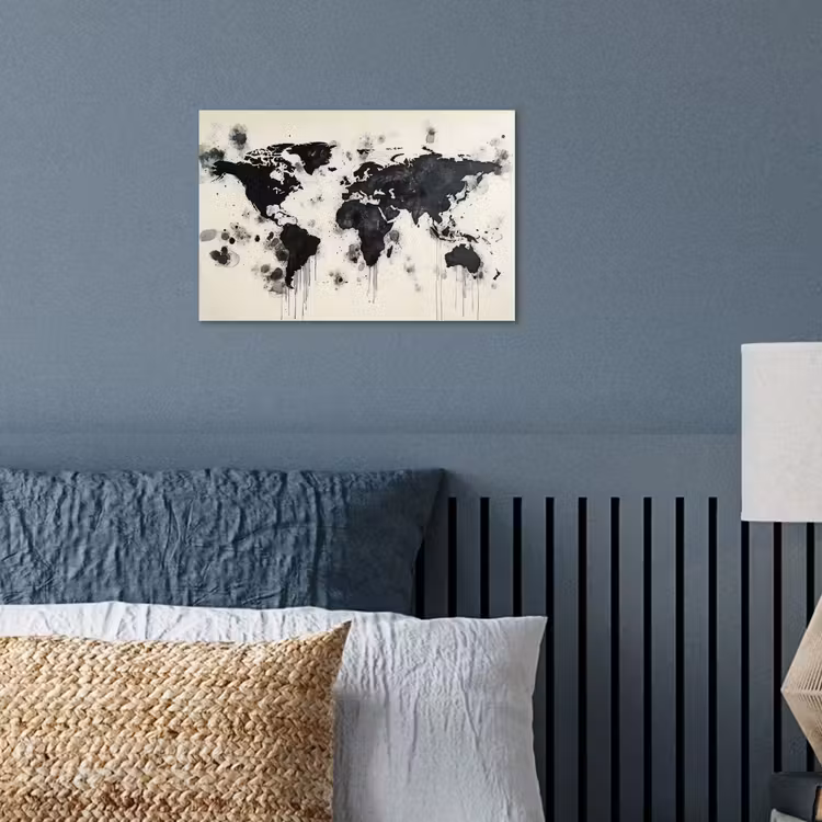 Wereldkaart - Zwart - Inkt poster papier klein -sfeer2