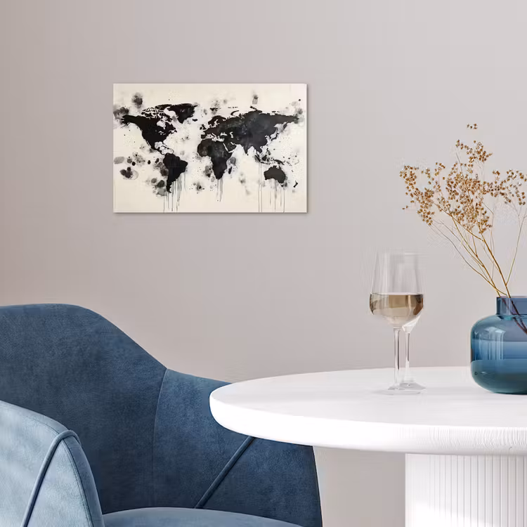 Wereldkaart - Zwart - Inkt poster papier klein -sfeer3