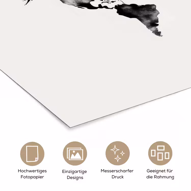 Wereldkaart - Zwart - Inktwassing poster papier klein -tcloseup_DE