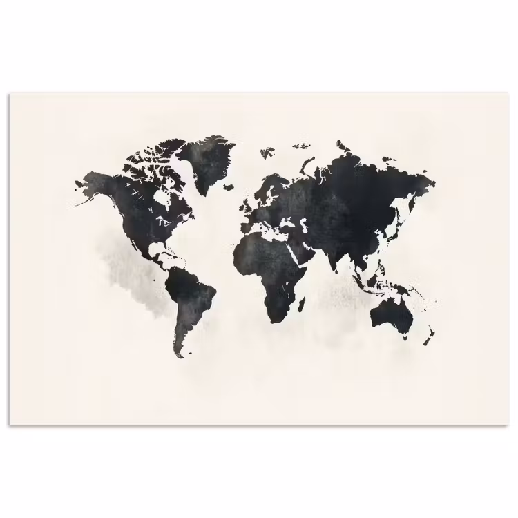 Wereldkaart - Zwart - Wit - Verf poster papier klein -3d