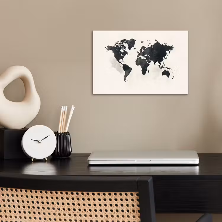 Wereldkaart - Zwart - Wit - Verf poster papier klein -sfeer1
