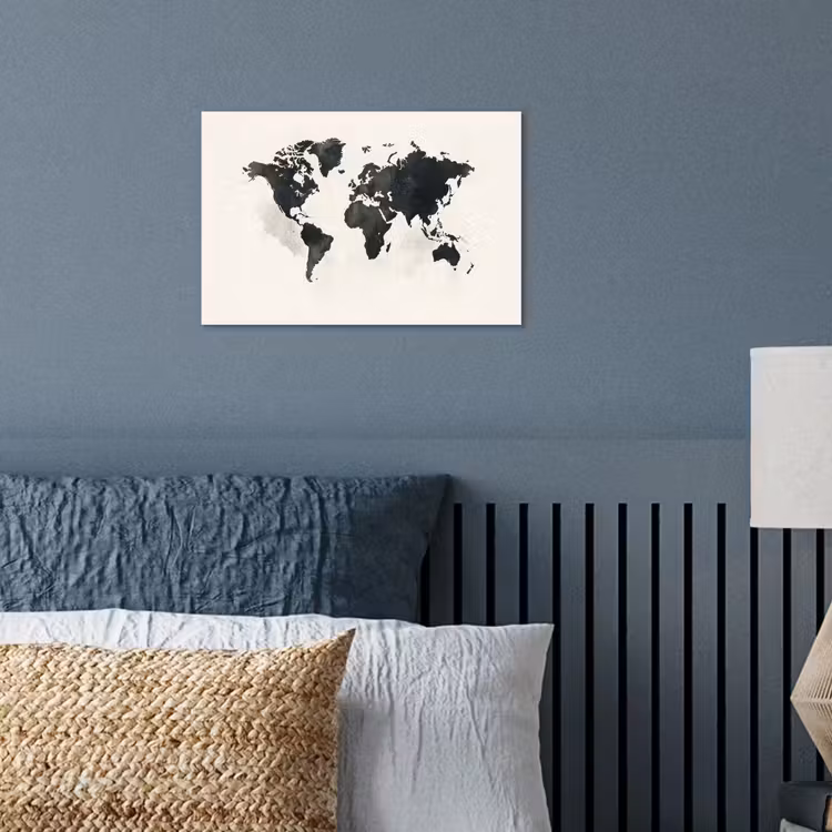 Wereldkaart - Zwart - Wit - Verf poster papier klein -sfeer2