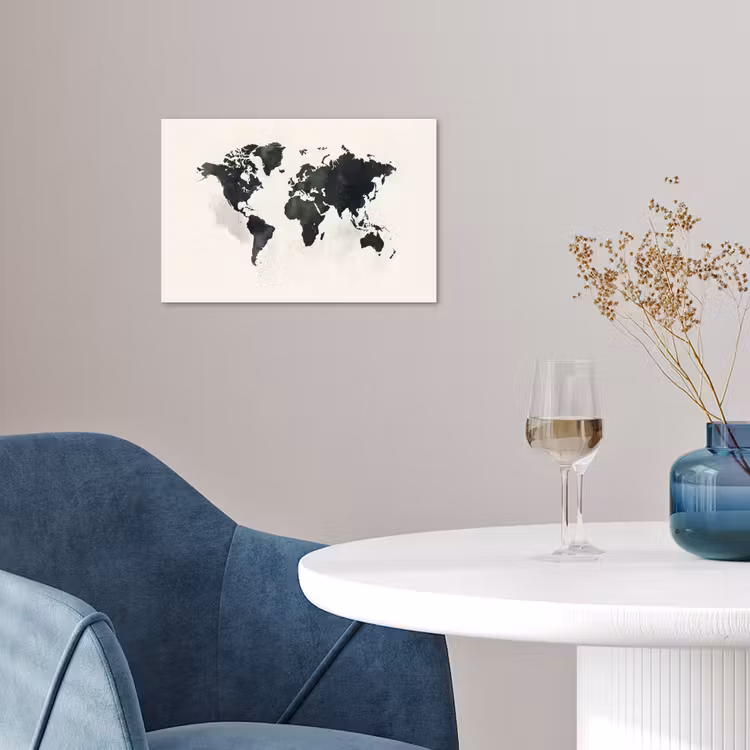 Wereldkaart - Zwart - Wit - Verf poster papier klein -sfeer3