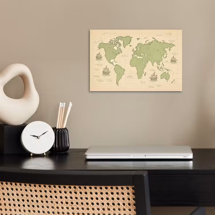 Wereldkaart - Zeilschepen - Lichtgroen poster papier klein -sfeer1