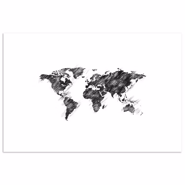 Wereldkaart - Schets - Potlood - Zwart poster papier klein -3d