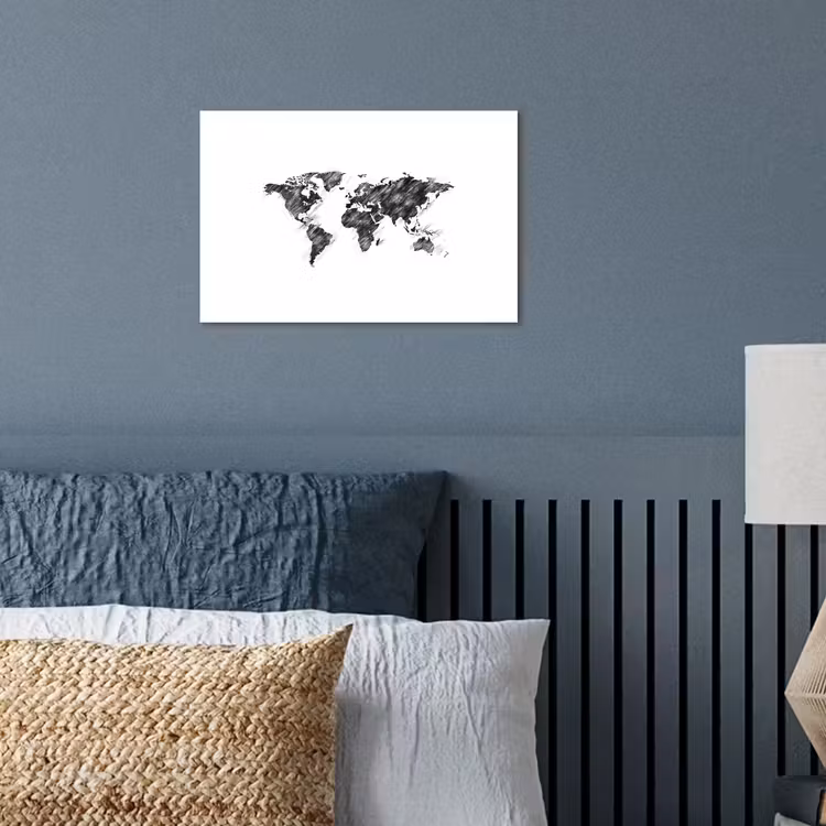 Wereldkaart - Schets - Potlood - Zwart poster papier klein -sfeer2