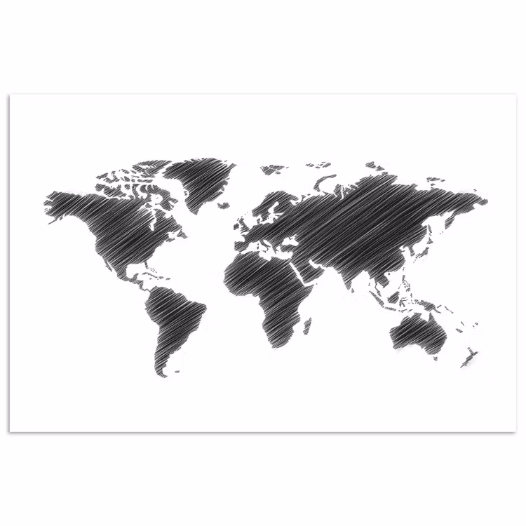 Wereldkaart - Schets - Zwart - Wit poster papier klein -3d