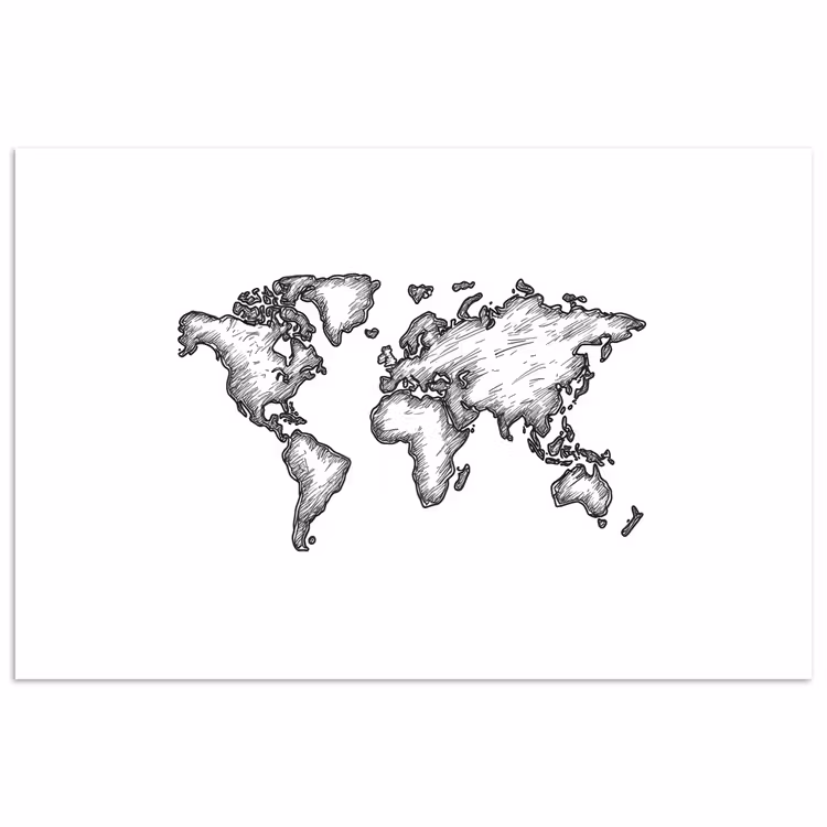 Wereldkaart - Schets - Wit - Zwart poster papier klein -3d