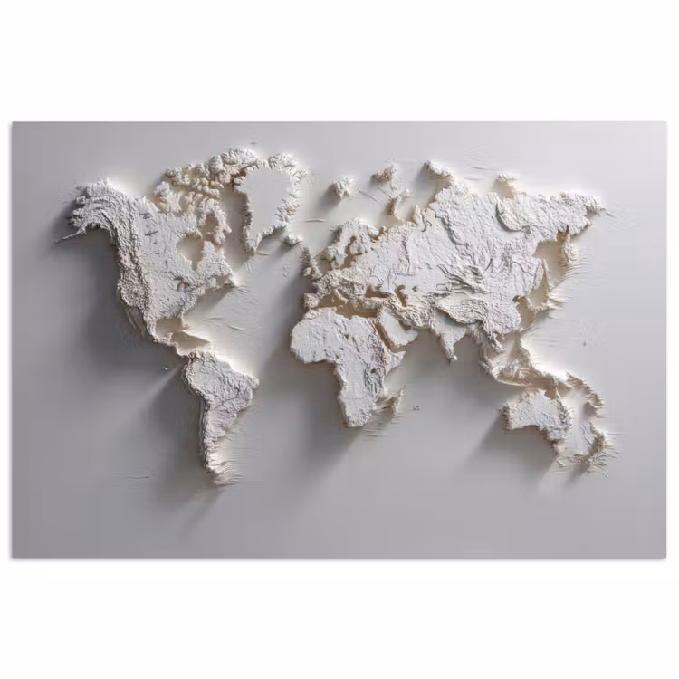 Wereldkaart - Subtiel reliëf - Wit poster papier klein -3d