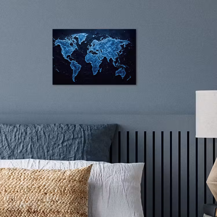 Wereldkaart - Waterstructuur - Blauw poster papier klein -sfeer2