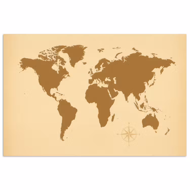 Wereldkaart -Windroos - Bruin poster papier klein -3d