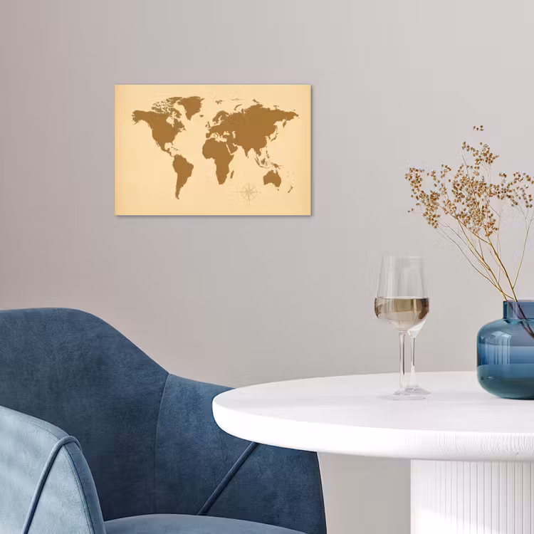 Wereldkaart -Windroos - Bruin poster papier klein -sfeer3