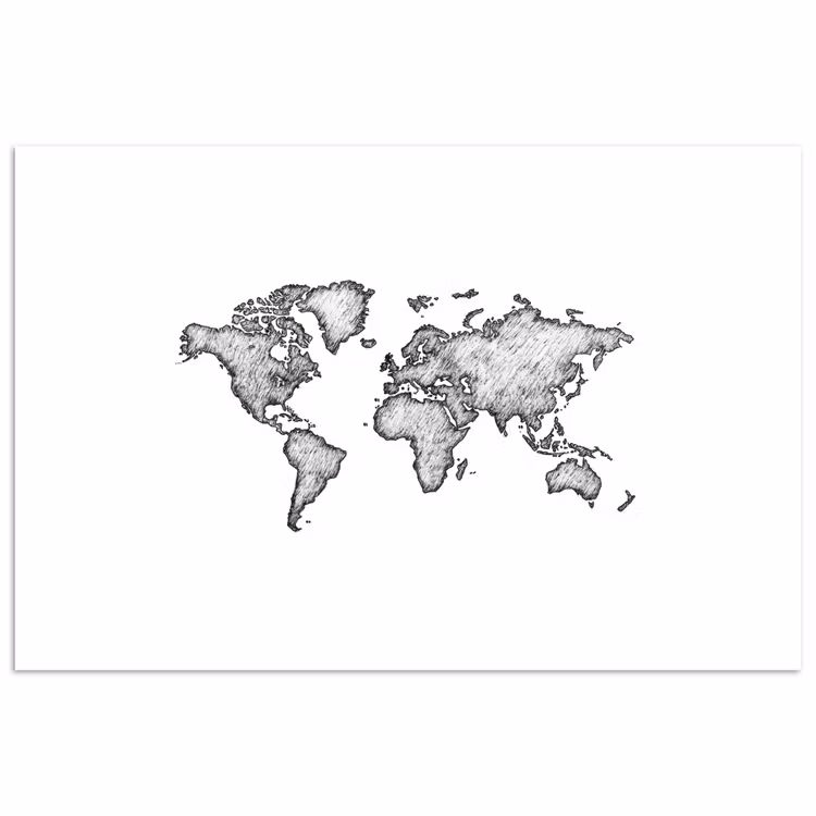 Wereldkaart - Tekening - Zwart - Wit poster papier klein -3d