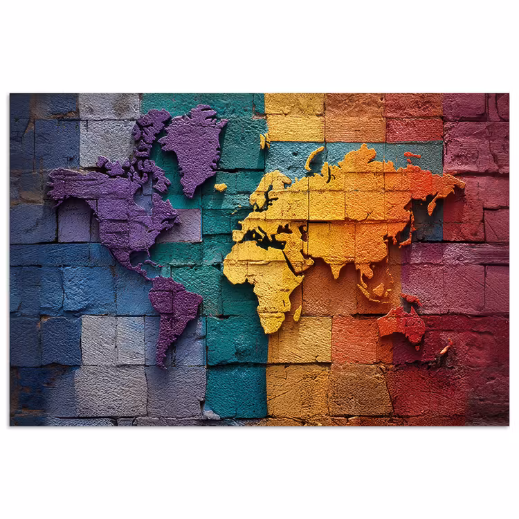 Wereldkaart - Bakstenen - Regenboog poster papier klein -3d