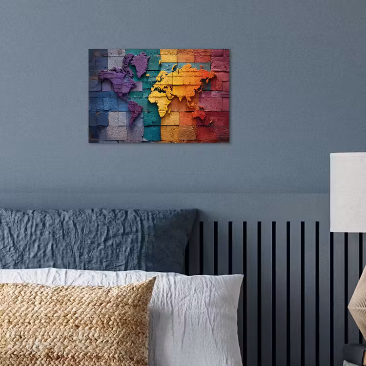 Wereldkaart - Bakstenen - Regenboog poster papier klein -sfeer2