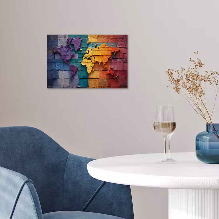 Wereldkaart - Bakstenen - Regenboog poster papier klein -sfeer3