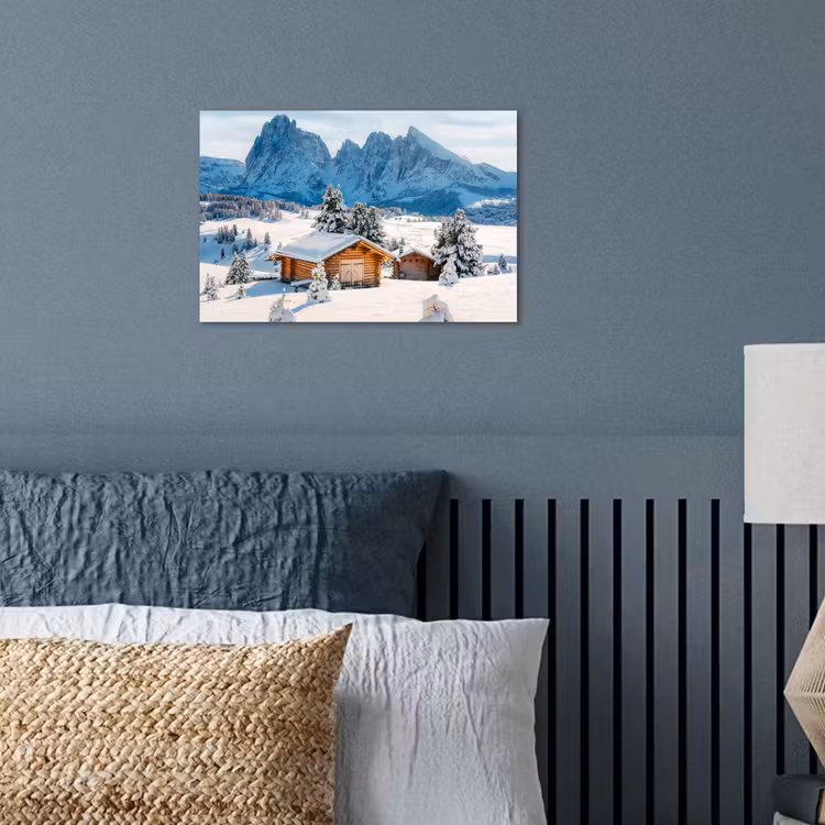 Winter - Huisje - Bergen - Uitzicht - Sneeuw poster papier klein -sfeer2