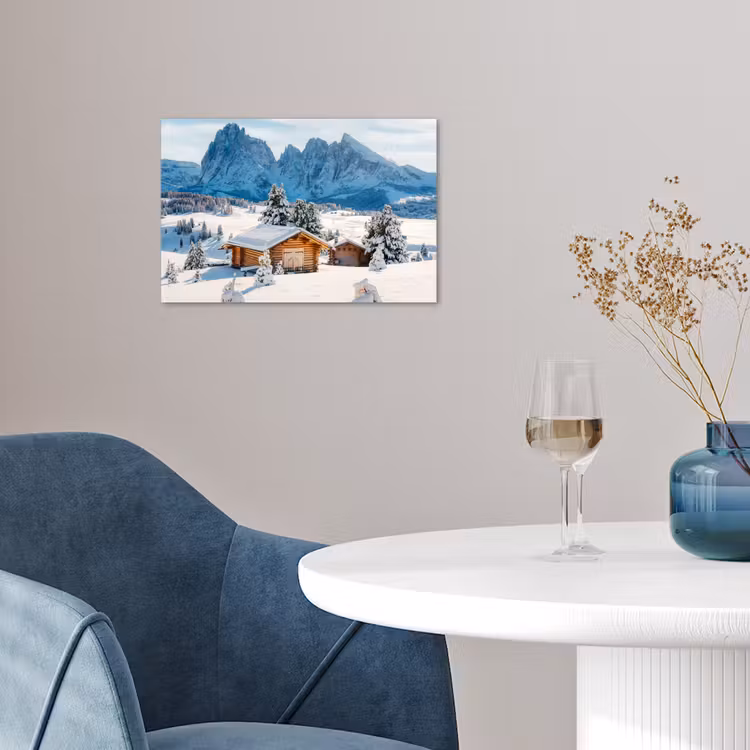 Winter - Huisje - Bergen - Uitzicht - Sneeuw poster papier klein -sfeer3