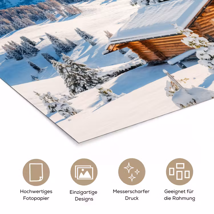 Winter - Huisje - Bergen - Uitzicht - Sneeuw poster papier klein -tcloseup_DE