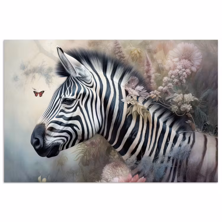 Zebra - Wilde dieren - Vlinder - Bloemen poster papier klein -3d