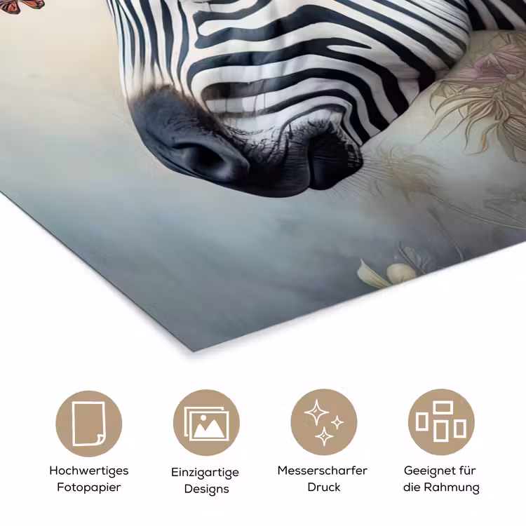 Zebra - Wilde dieren - Vlinder - Bloemen poster papier klein -tcloseup_DE