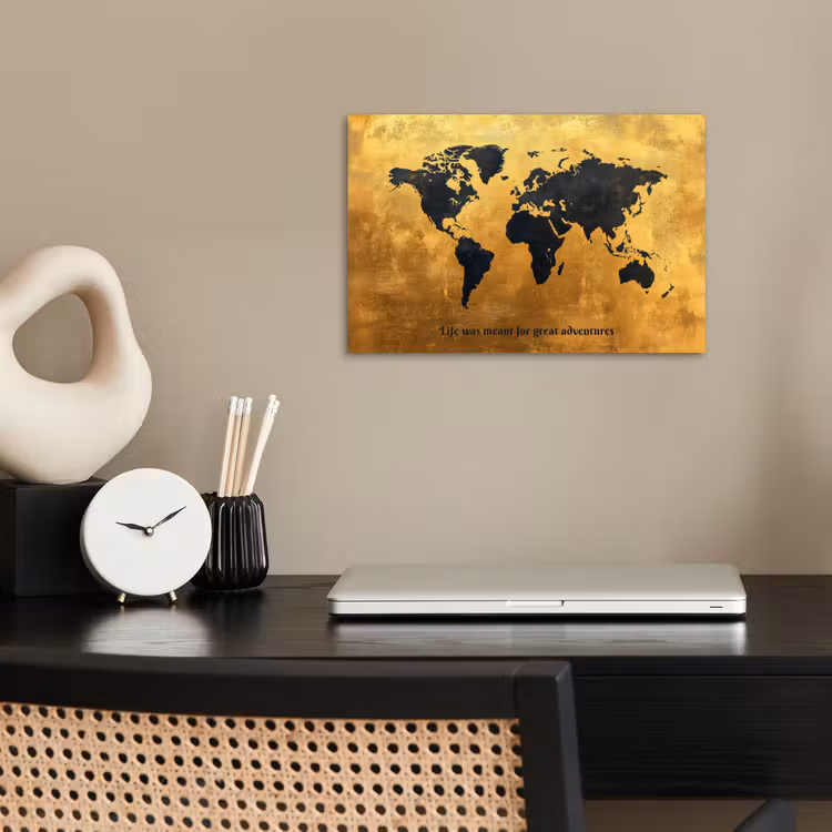 Quote - Goud - Wereldkaart - Zwart poster papier klein -sfeer1