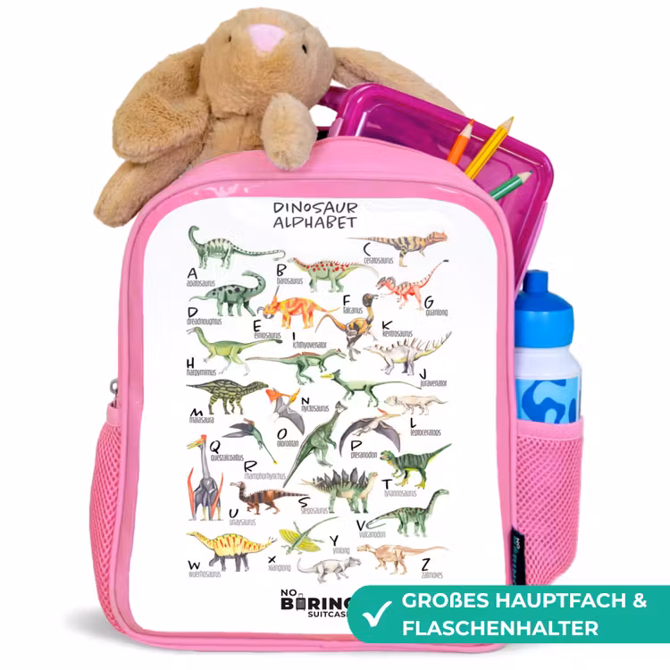 Alfabet van dino's Kinderrugzak - Roze middel -inhoud_DE