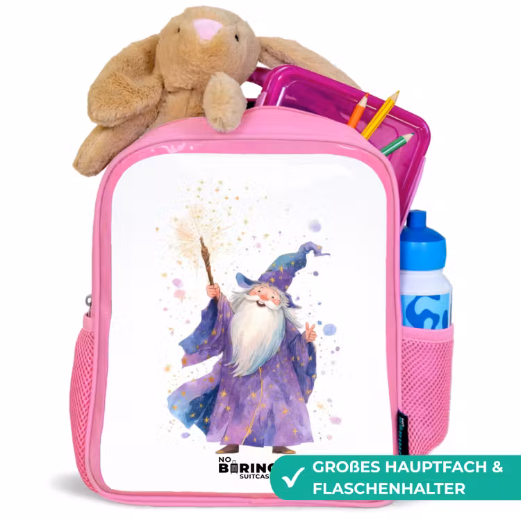 Oude tovenaar met staf Kinderrugzak - Roze middel -inhoud_DE