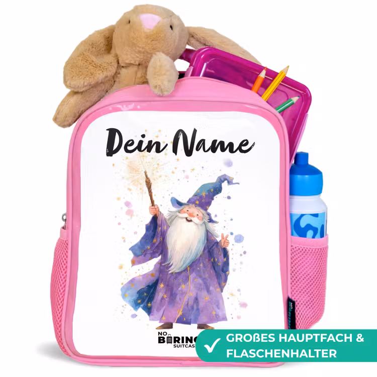 Oude tovenaar met staf Kinderrugzak - Roze middel -inhoud_DE
