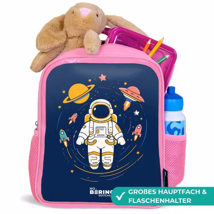 Astronaut - Planeet - Sterren - Raket Kinderrugzak - Roze middel -inhoud_DE