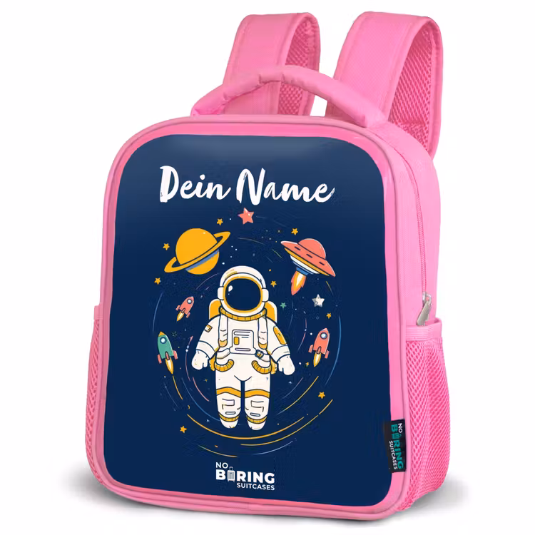 Astronaut - Planeet - Sterren - Raket Kinderrugzak - Roze middel -schuin