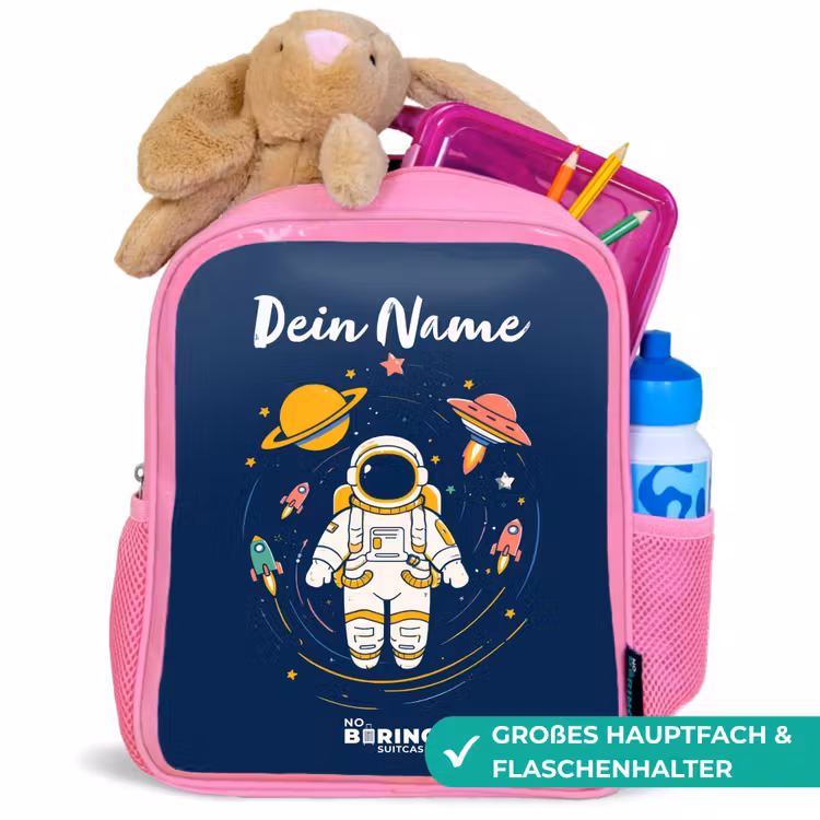 Astronaut - Planeet - Sterren - Raket Kinderrugzak - Roze middel -inhoud_DE