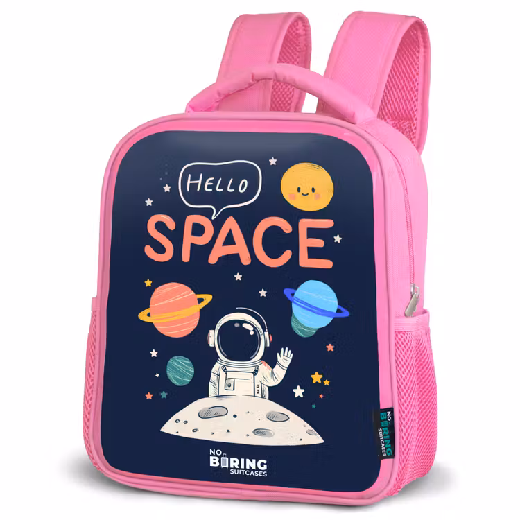 Astronaut - Quote - Planeten - Sterren Kinderrugzak - Roze middel -schuin