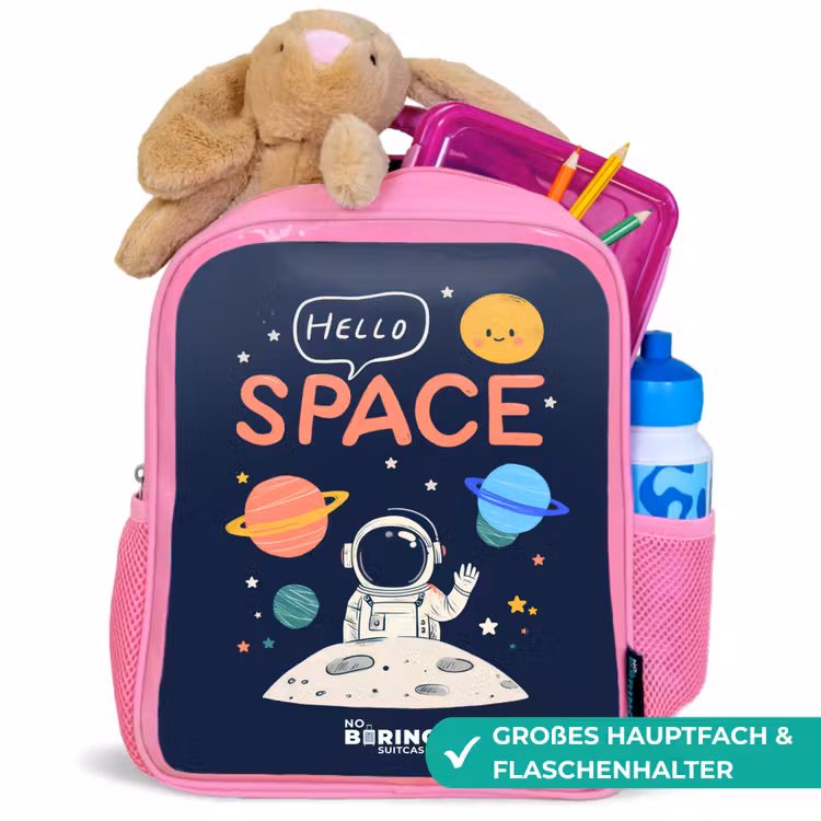 Astronaut - Quote - Planeten - Sterren Kinderrugzak - Roze middel -inhoud_DE