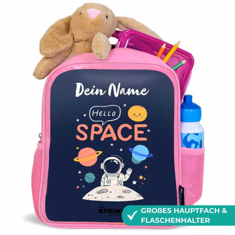 Astronaut - Quote - Planeten - Sterren Kinderrugzak - Roze middel -inhoud_DE